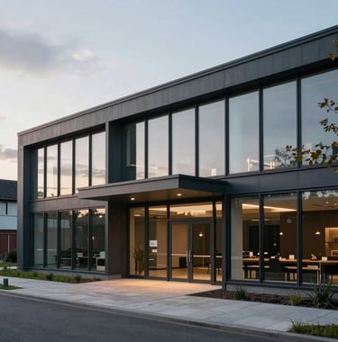 A professional architectural photograph of the entrance to a modern innovation center in the Maastricht-Heerlen region. The building shows large windows and sustainable design elements under a soft, overcast Western European sky.