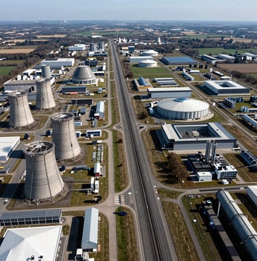 A wide aerial view of a strategic logistical corridor in Western Europe, featuring high-speed connectivity hubs and energy facilities, shot during the day with clear, professional lighting.