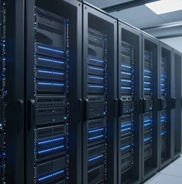 A high-resolution interior photograph of a high-density server room. The composition focuses on the precision alignment of server racks glowing with soft blue LEDs, emphasizing a clean, high-tech, and secure Western European environment.
