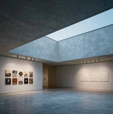 A photography shot of a modern architectural gallery space in Western Europe, symbolizing cultural legitimacy and the Future Museum ecosystem, with soft blue-gray lighting.