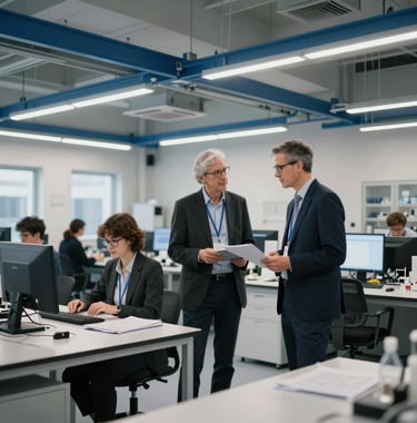 A professional Western European research environment for AI education. The setting is clean and minimalist, with high ceilings and steel blue accents, representing academic and industrial collaboration.