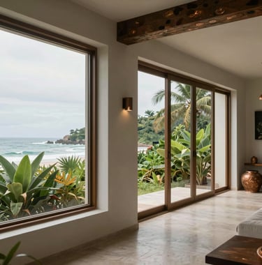 Clean photography of a modern Latin American interior with large windows showing a view of the lush greenery and the ocean in Puerto Escondido. Soft natural lighting, bronze decor accents.