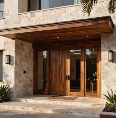 Architectural photography of a luxury residential entrance in Puerto Escondido, using local stone and high-quality wood. The lighting is bright and warm, reflecting a professional and premium feel.