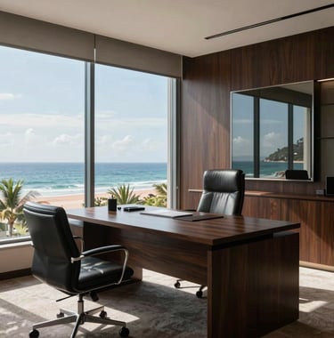 Professional photography of a minimalist executive office interior with an ocean view in Flamingo, featuring dark wood desks, leather chairs, and large windows, reflecting an atmosphere of technical professionalism, Central American / Costa Rican professional setting.