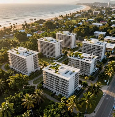 A high-angle drone shot of a luxury property development near the beach in Playa Grande, showcasing the integration of high-end architecture with the lush tropical environment, soft morning light, Central American / Costa Rican coast.