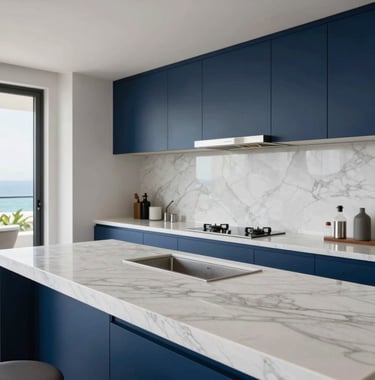 Elegant minimalist interior of a luxury penthouse in Playa Flamingo, Costa Rica, focusing on white marble surfaces and navy blue accents, high-end real estate photography.