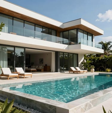 Architectural photography of a contemporary luxury villa in Playa Grande, Guanacaste, featuring clean lines, glass walls, and a private infinity pool, midday bright sun, professional clean style.