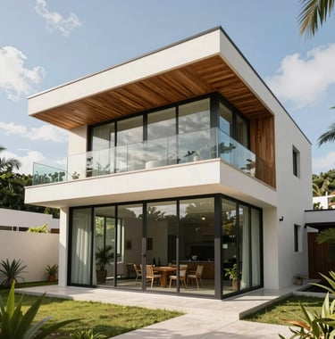Modern tropical architectural house in Guanacaste, featuring glass walls and native wood accents during bright daylight. High-end residential design with clean lines and off-white exterior.