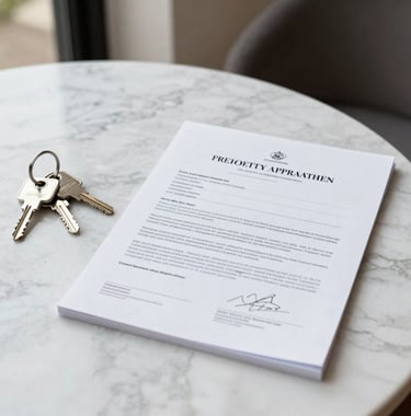 A detailed shot of a luxury property appraisal document resting on a white marble table next to a set of high-end house keys. Clean executive style with natural morning light in a Central American setting.
