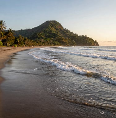 Wide angle view of Playa Grande, Costa Rica at golden hour. Serene environment with soft waves, highlighting the natural beauty and high-profile location. High-resolution landscape photography.