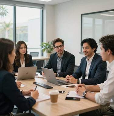 A collaborative marketing strategy meeting between agency leads and a Florida business owner in a bright, modern office space in North American / US / Florida.