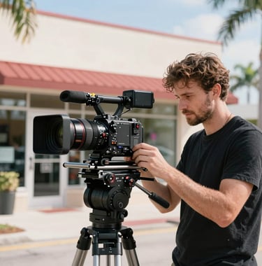 A videographer adjusting a digital camera rig on location at a sunlit Florida storefront for a local business promotional video shoot in North American / US / Florida.