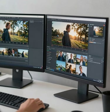 A graphic designer editing promotional video clips and social media posts on dual monitors with soft slate grey accents in North American / US / Florida.