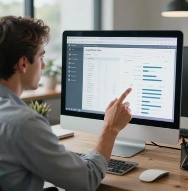 A digital marketing strategist in a modern Florida workspace analyzing social media metrics on a computer monitor with slate grey and light blue tones in North American / US / Florida.