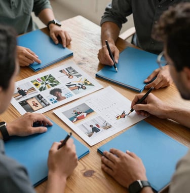 A social media creative team reviewing storyboards and photo proofs around a wooden work desk with slate blue folders in North American / US / Florida.