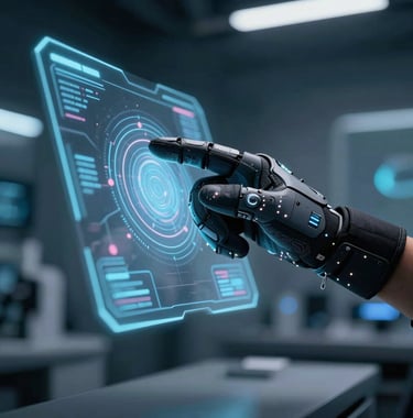 A close-up photograph of a user's hand wearing a futuristic haptic glove, interacting with a floating holographic interface in a dark, navy-lit tech lab. Fine details of the glove sensors and the light refraction in the room are visible.