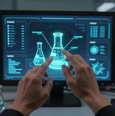 A first-person perspective photograph of a user's hands interacting with a virtual science lab dashboard, mixing chemical compounds that glow with a bright cyan light in a futuristic VR environment.