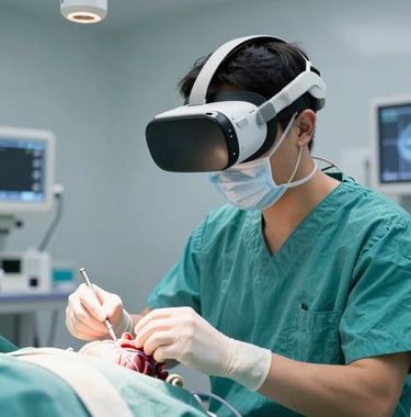 A medical professional in a North American clinical setting using a high-fidelity VR headset to perform a virtual heart surgery simulation. The lighting is clean and clinical with soft teal accents, focusing on the precision of the hand movements.
