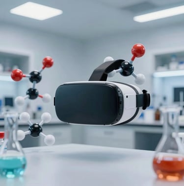 A clean, high-tech photograph of a science lab simulation within a virtual reality environment, showing detailed molecular models and interactive liquid experiments in a bright, modern North American laboratory setting.