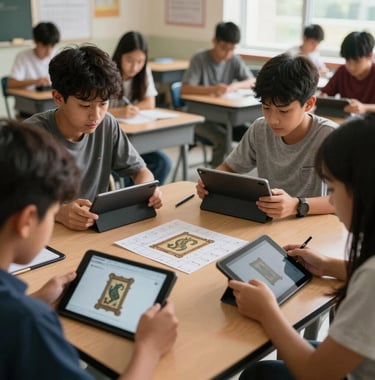 A photograph from a North American high school classroom where students are collaboratively solving a scavenger hunt using tablets and AR, looking at a virtual historical artifact displayed on their desks. Warm, natural daylight.