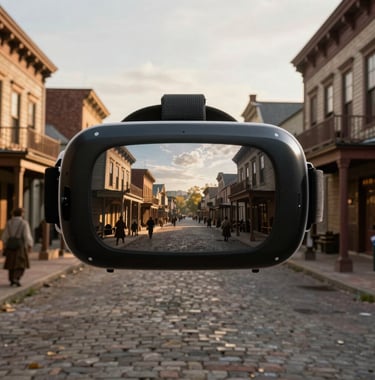 A cinematic shot of a virtual historical reconstruction of a 19th-century North American city street seen through a VR lens, with period-accurate architecture and golden hour sunlight, blending education with high-fidelity visual storytelling.