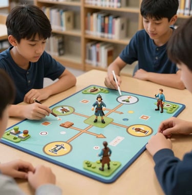 A high-quality photo of a student-designed educational game being played in a North American library, featuring 3D historical figures rendered in a sharp, realistic style. Soft cyan and navy blue color palette.