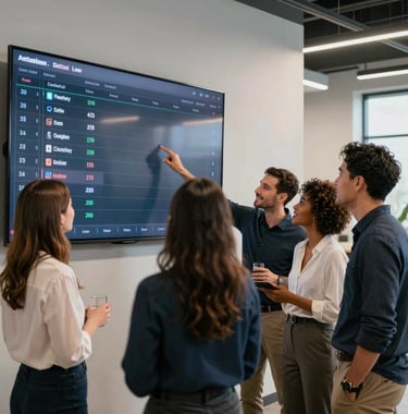 A lifestyle photograph of a group of diverse professionals in a sleek North American collaborative space, looking at a digital leaderboard on a large wall-mounted screen, celebrating a achievement with smiles and a tech-forward atmosphere.