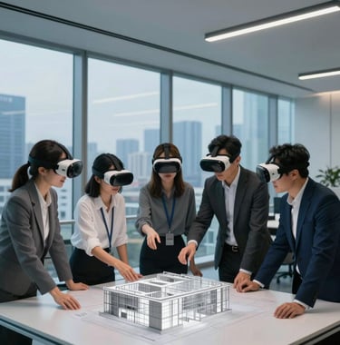 A group of professionals in a modern US corporate office using augmented reality glasses to collaborate on a 3D architectural project. The background shows a panoramic city view through floor-to-ceiling windows at dusk, with light blue interior lighting.