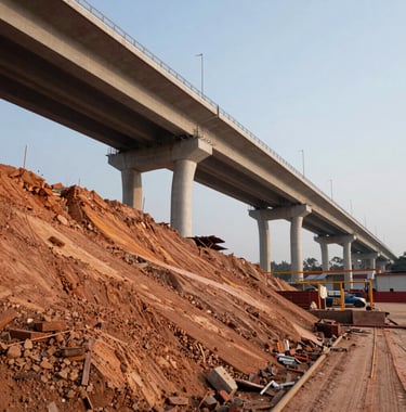 A detailed photo of a modern bridge and embankment project in Vietnam, showcasing robust civil engineering and infrastructure development. The composition is dynamic, using soft sunlight to emphasize the terracotta and gray textures.