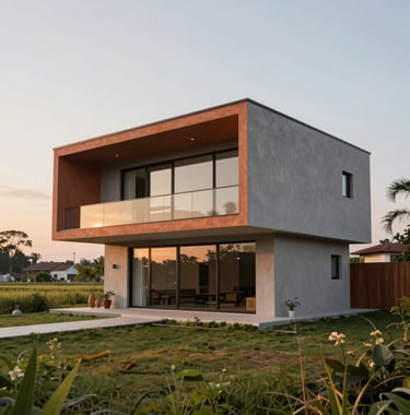 Photography of a sleek, modern prefabricated house with minimalist design, situated in a Vietnamese countryside setting, sunrise lighting, terracotta accents.