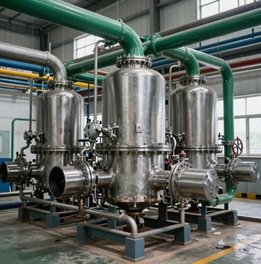 A sophisticated industrial wastewater treatment system installed at a modern factory, featuring stainless steel machinery and deep green piping, professional industrial photography.