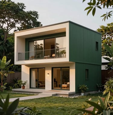 Photography of a sleek, modern prefabricated house designed with Italian style influences, situated in a lush Southeast Asian / Vietnamese garden setting. The lighting is warm, focusing on the deep green and cream surfaces.