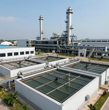 A modern industrial factory complex in Vietnam with efficient wastewater treatment systems, clean architectural lines, bright daylight, professional photography.
