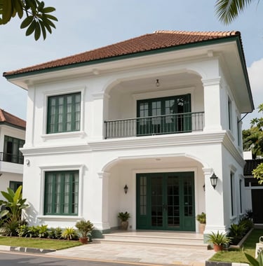A beautiful modern villa in Vietnam featuring French architectural influences with clean white walls and dark green window frames, surrounded by professional landscaping and bright daylight.