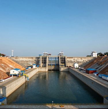 A grand technical infrastructure project, specifically a large-scale dam or irrigation canal in Vietnam, professional wide-angle shot, clear blue sky.