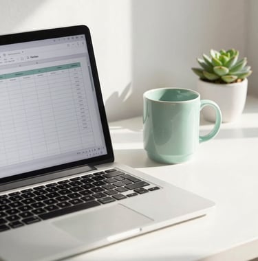 A clean, bright workspace in a North American / US home office featuring a laptop with a simple spreadsheet visible, a light green ceramic mug, and a small succulent plant, soft morning sunlight, professional and organized atmosphere.