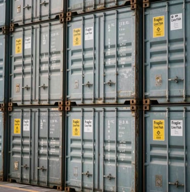 A photography shot of thermal shipping containers stacked neatly in a warehouse, with a focus on the 'Fragile: Live Fish' labels and professional handling equipment.
