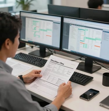 A lifestyle shot of a professional Southeast Asian office setting where specialists are reviewing shipping manifests and digital logistics maps on monitors, conveying a sense of organized expertise.