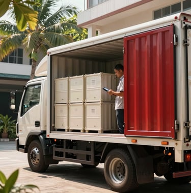 A medium shot of a modern delivery truck parked in a bright Southeast Asian / Filipino facility courtyard. The side cargo door is open, showing organized rows of high-quality shipping containers. A staff member is visible checking a digital tablet. Sunlight filters through tropical foliage, casting soft shadows. Color palette includes Crisp Parchment and Deep Ripe Crimson.