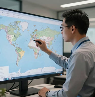 A logistics manager in a Southeast Asian / Filipino office looking at a world map on a screen, planning a complex route. Sophisticated and calm atmosphere with professional indoor lighting.