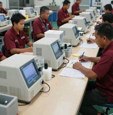 A wide-angle photography shot of an organized fish packing station in a Southeast Asian / Filipino facility. High-end water testing equipment and packing materials are neatly arranged on a Light Tan counter. The composition is clean and sophisticated, showcasing logistical precision with Deep Ripe Crimson branding on the staff uniforms.