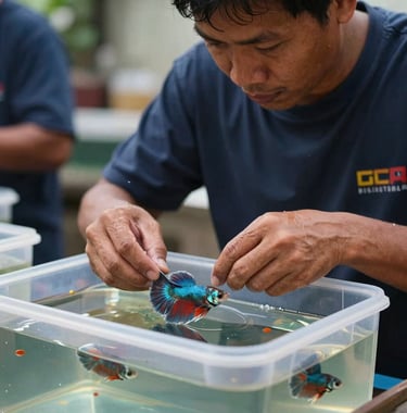 A team member in a Southeast Asian / Filipino setting carefully packing a vibrant Betta fish into a shipping container. Professional lighting, focused composition, showcasing precision and care.