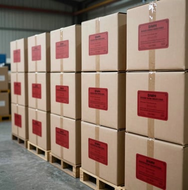 A row of branded cargo boxes ready for airline dispatch. The scene is a clean, organized Southeast Asian / Filipino loading bay. Use Crisp Parchment and Deep Ripe Crimson labels visible on the containers.