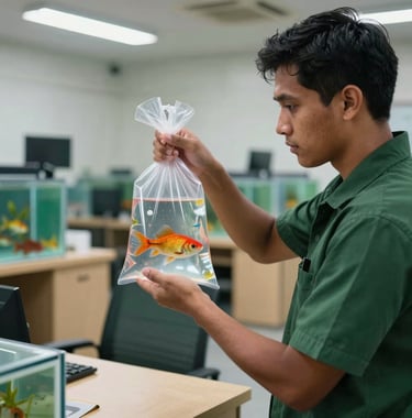 A behind-the-scenes photography shot in a clean, well-lit Filipino warehouse office. A transshipping specialist is carefully inspecting a clear oxygenated plastic bag containing a vibrant ornamental fish. The mood is professional and focused, with Matte Forest Green and Light Tan furniture in the background.