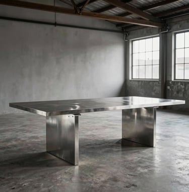 A sophisticated industrial setting in Brazil where a bespoke stainless steel dining table is staged within a minimalist, high-ceiling loft, emphasizing luxury and precision engineering.