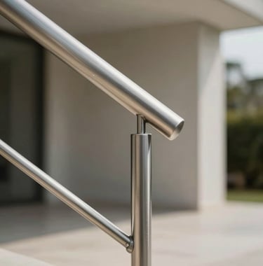 Detail shot of a minimalist stainless steel handrail installation in a luxury South American residence. The focus is on the seamless welding and sophisticated brushed finish, with a softly blurred architectural background.