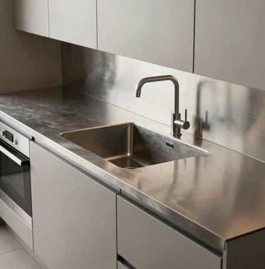 Interior view of a luxury Brazilian kitchen featuring a long, custom stainless steel countertop and integrated sink, demonstrating the minimalist and sophisticated design of Heisis.
