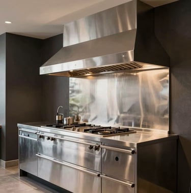 Wide shot of a luxury Brazilian gourmet area featuring a custom wall-to-wall stainless steel countertop and range hood. The lighting is warm and sophisticated, highlighting the brushed metal texture against dark graphite walls.