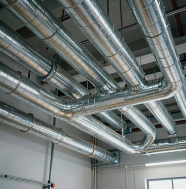 A clean, modern North American mechanical room with well-organized pipes and silver metal ducts, reflecting professional industry standards and high-quality workmanship.