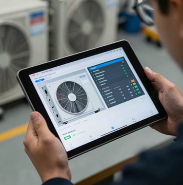A close-up of a digital diagnostic tablet being held by a professional in a workshop, showing technical data for a high-efficiency HVAC system in a North American setting.